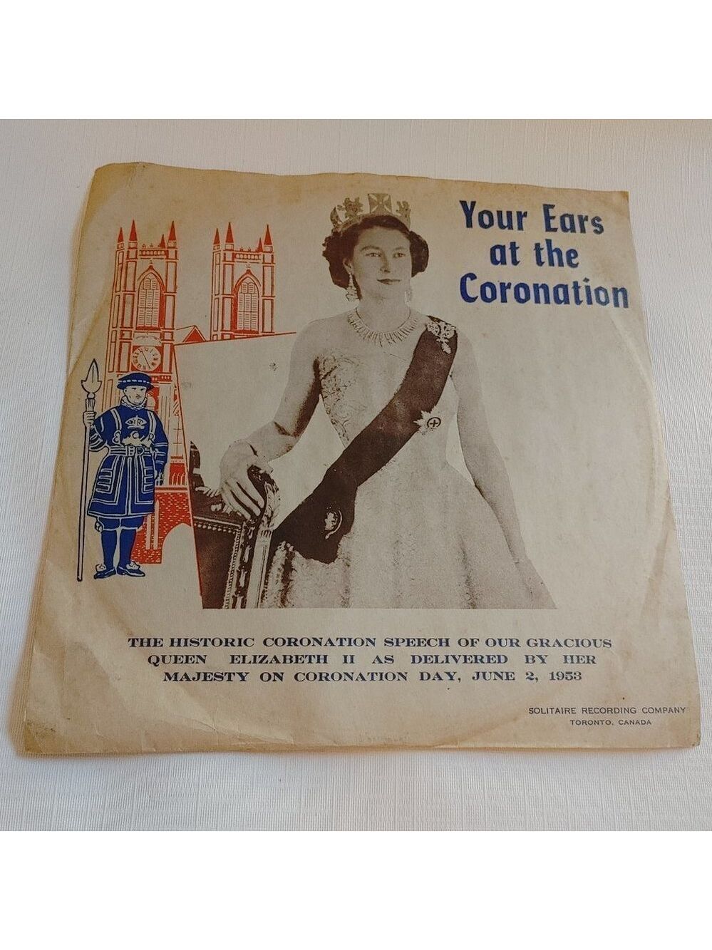 VINTAGE Queen Elizabeth II Your Ears At Coronation 78 RPM Vinyl Record Solitaire